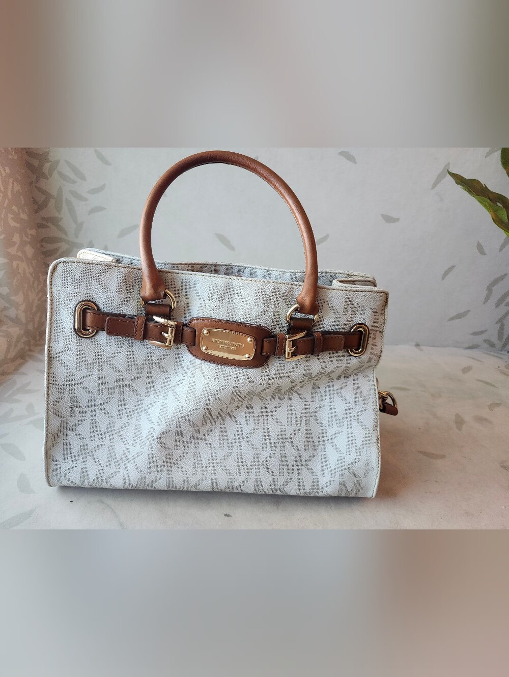Michael Kors White MK Signature Satchel with Tan Leather Handles